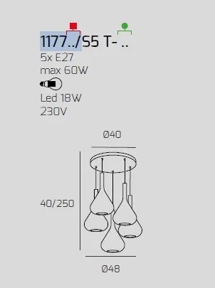 Sospensione cromo 5 luci tonda vetri 2x tr + 3x fu 1177cr-s5 t-tf