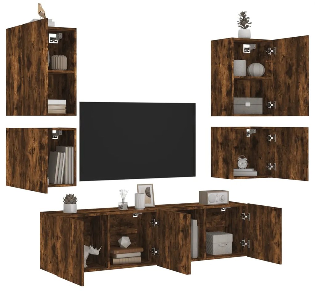 Mobili Tv A Muro 6pz Rovere Fumo İn Legno Multistrato /