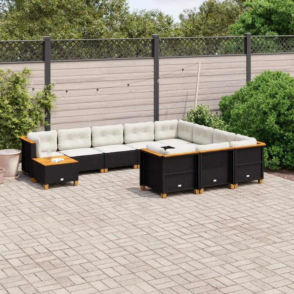 Set divani da giardino 11 pz con cuscini in polyrattan nero