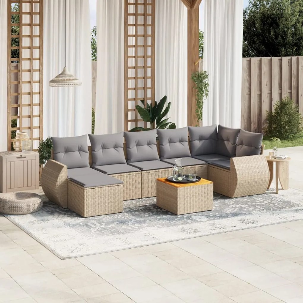 Set divano da giardino 8 pz con cuscini beige in polyrattan