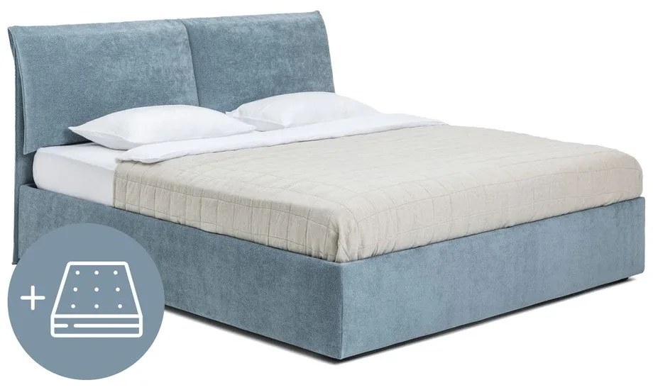 Letto matrimoniale imbottito blu con contenitore, materasso e rete inclusi 160x200 cm Thessa Pillow – Bonami Selection