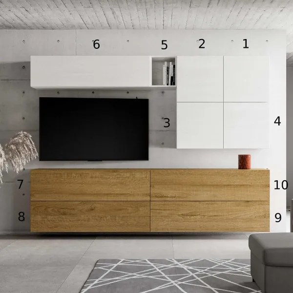 Parete soggiorno A151 L.308 P.39,5 Bianco e Quercia