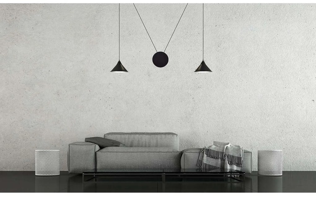 Sospensione Minimal 2 Luci Fujin In Acciao Nero E Paralume A Cono