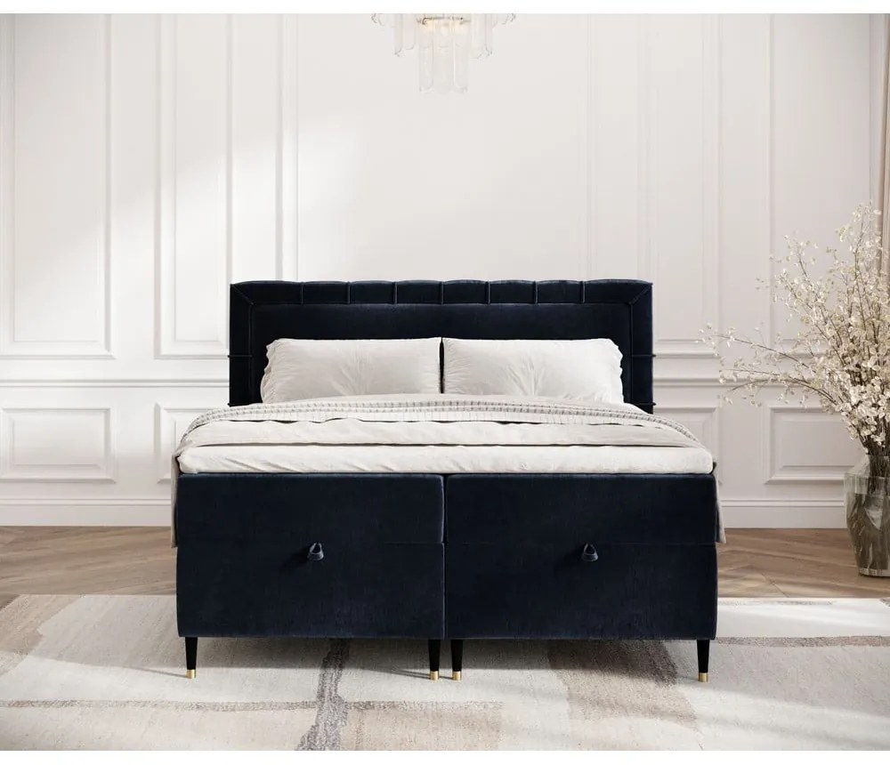 Letto boxspring blu scuro con spazio contenitivo 200x200 cm Voyage - Maison de Rêve