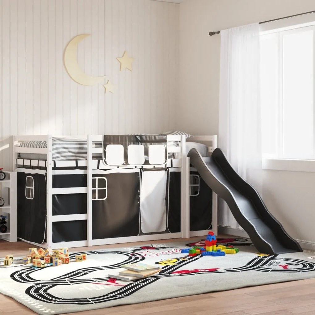 Letto A Castello Con Scivolo E Tende Bianco E Nero 80x200 Cm /