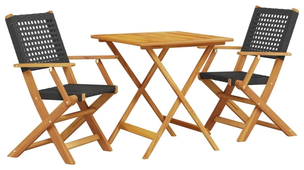 Set da bistrot 3 pz nero in polyrattan e legno massello