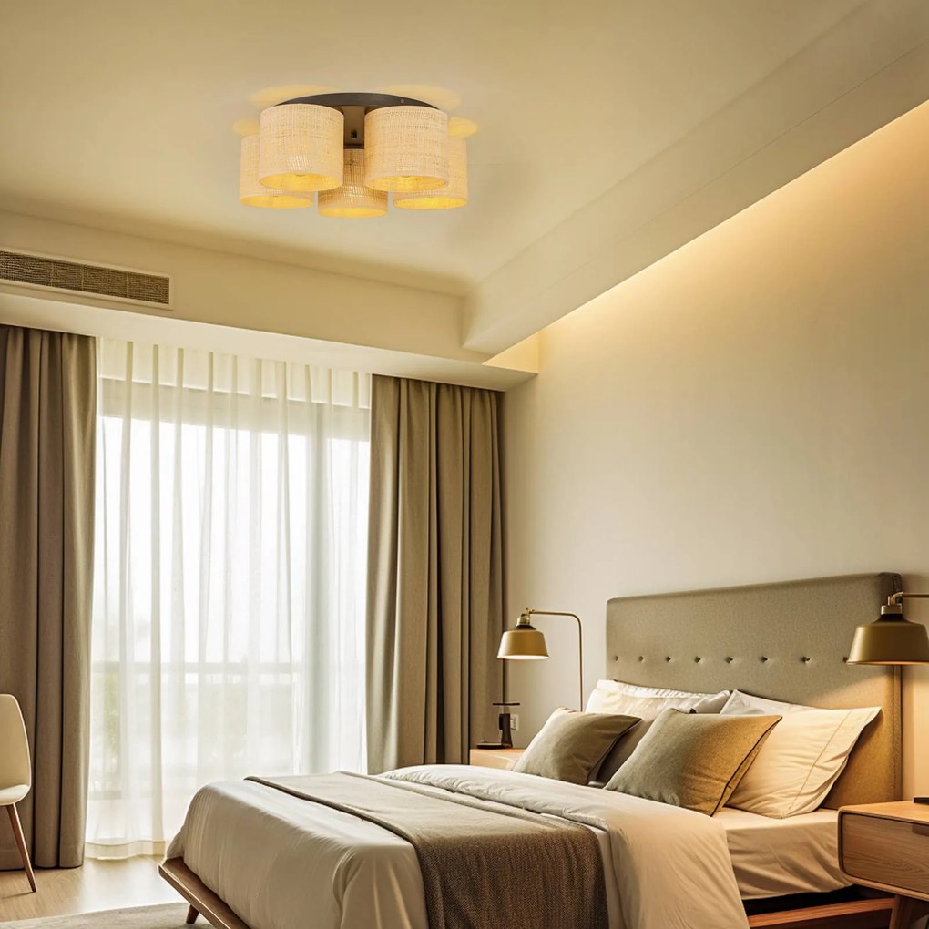 Luminex Plafoniera Jovin con cinque paralumi in rattan