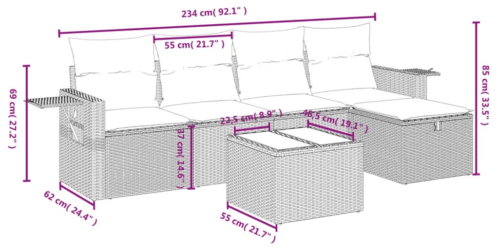 Set divano da giardino 6 pz con cuscini beige misto polyrattan