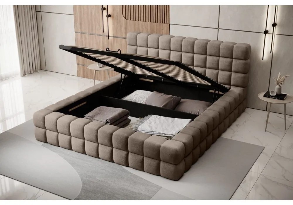 Letto matrimoniale imbottito marrone chiaro con contenitore e rete inclusi 160x200 cm Dizzle – ELTAP