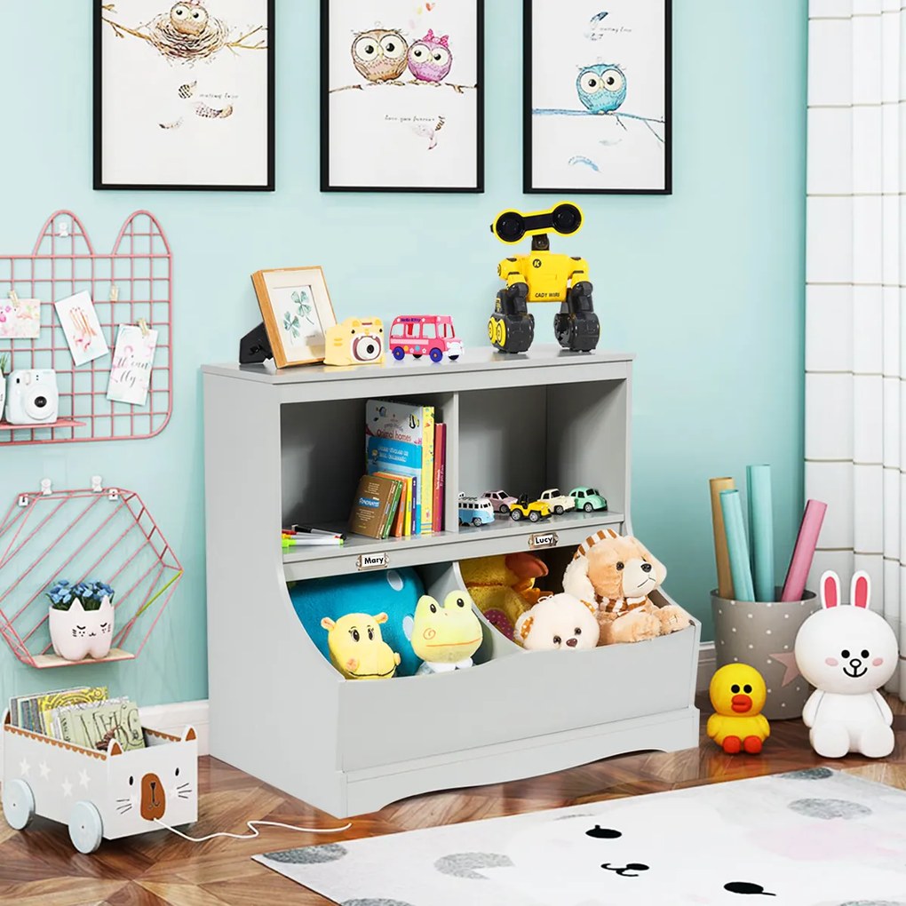 Costway Organizer giocattoli con 2 scompartimenti aperti e 2 contenitori, Libreria multiuso con pedana per bambini Grigio