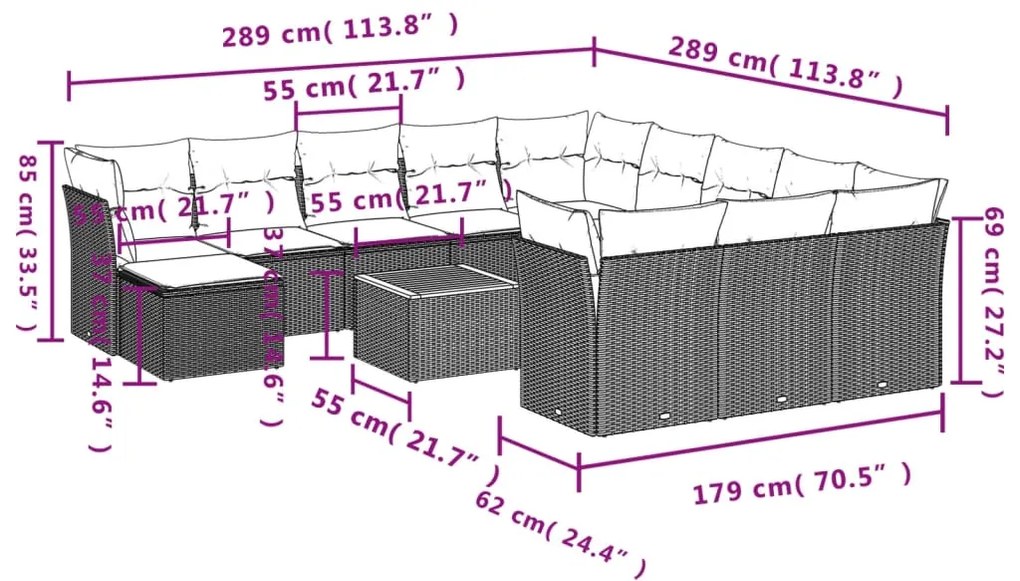 Set divani da giardino 13pz con cuscini nero in polyrattan