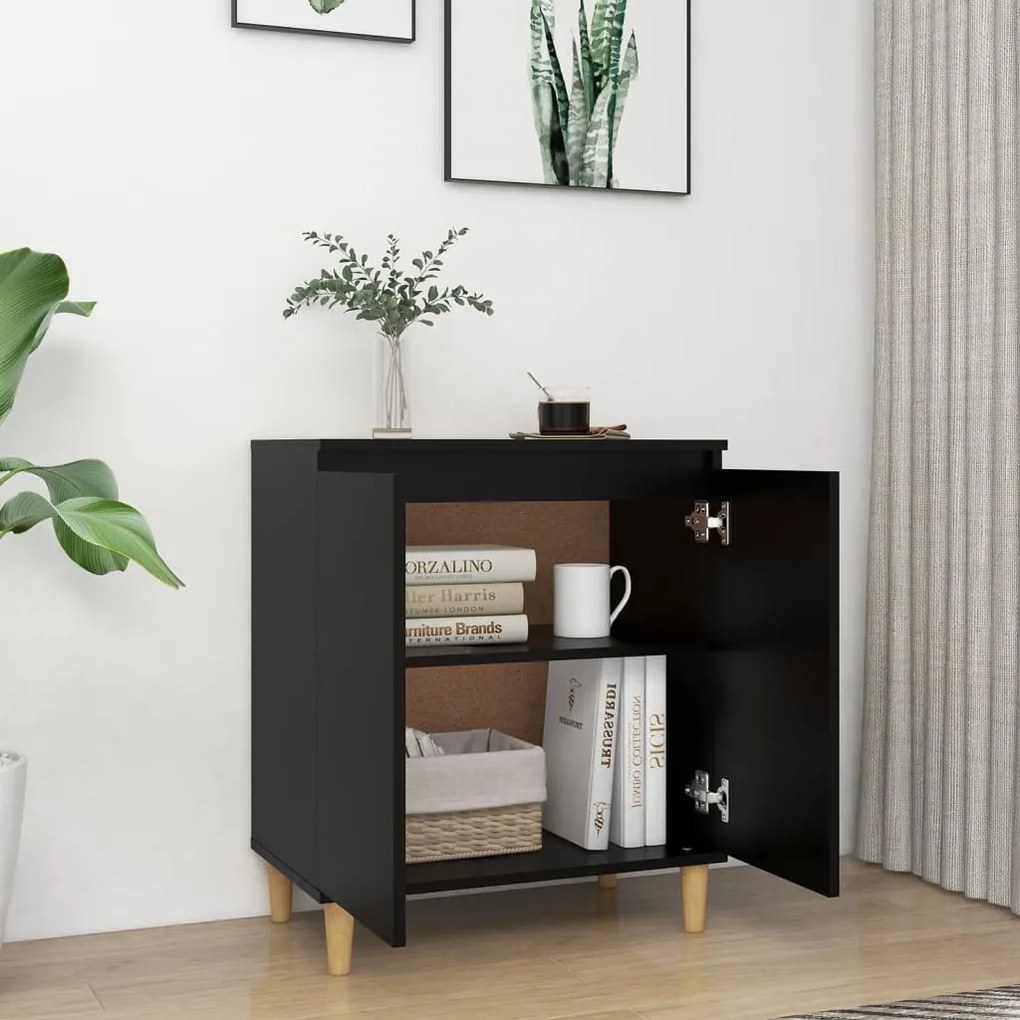 Credenza con gambe in legno massello nera 60x35x70cm truciolato