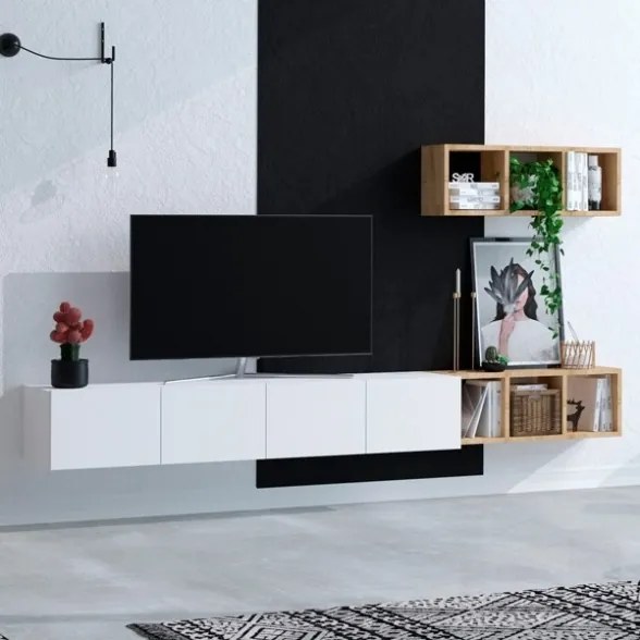 Mobile Porta TV Sospeso 215 Cm Bianco Con Mensole Effetto Legno Pia