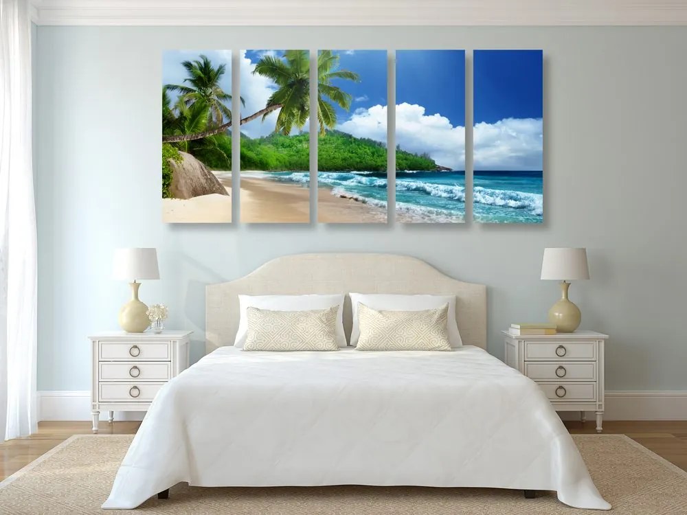 Quadri 5 pezzi – Spiaggia meravigliosa sull'isola di Seychelles