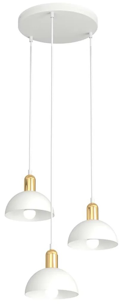 Lampadario 3 Luci Idunn Base Tonda In Acciaio Bianco E Oro Diffusori A Cupola