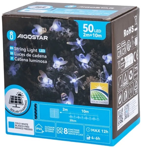 Aigostar - Catena luminosa decorativa solare 50xLED/8 funzioni 10m 800mAh IP65 bianco freddo