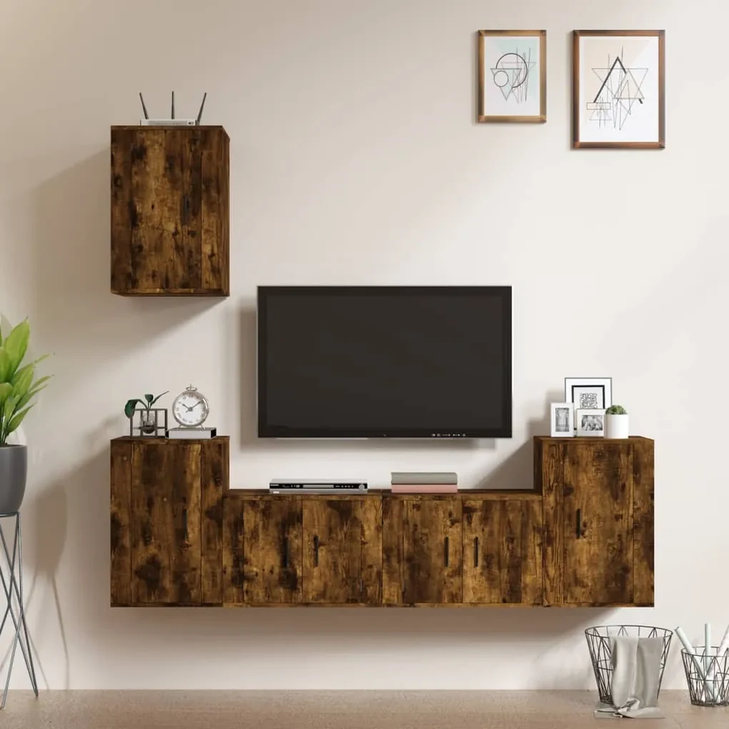 Set di mobili porta tv 5 pz rovere fumo in legno multistrato