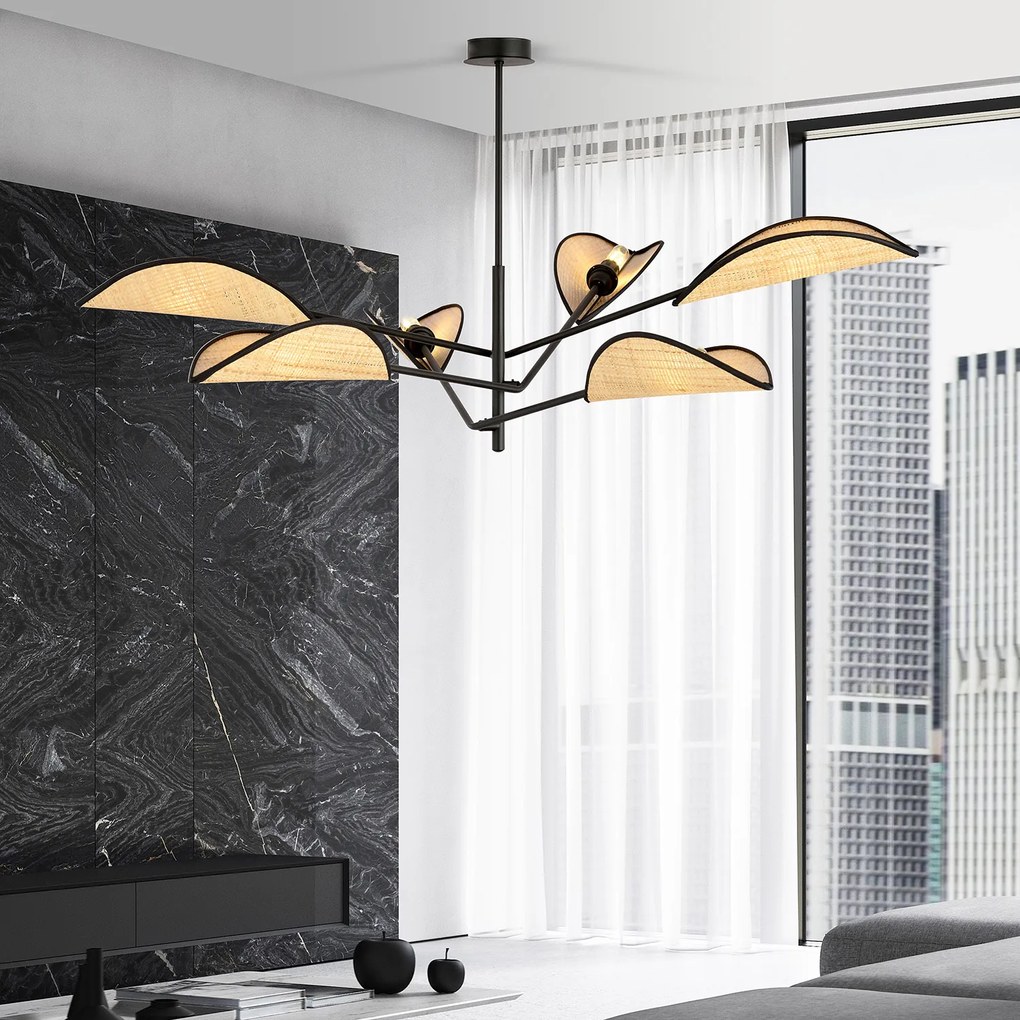Lampadario 6 Luci Eridano In Acciao Nero E Rattan Con Bracci Mobili