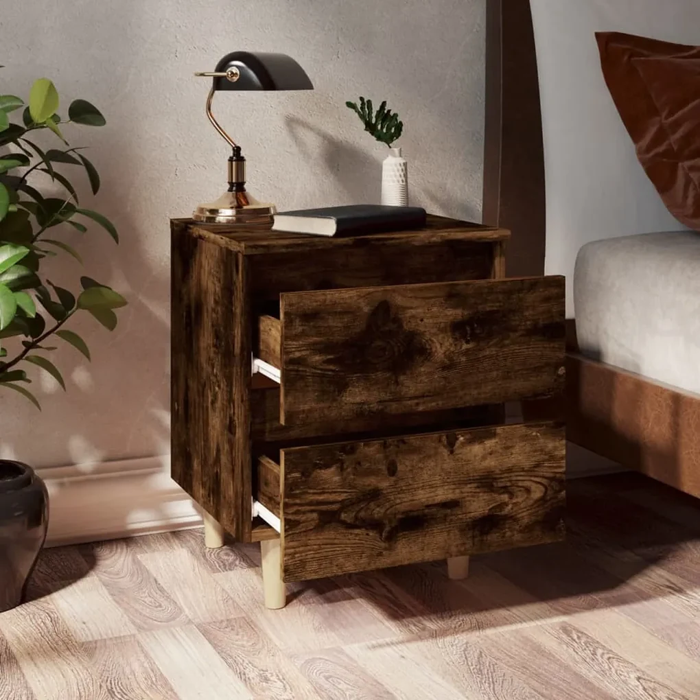 Comodini con gambe in legno massello 2pz rovere fumo 40x30x50cm