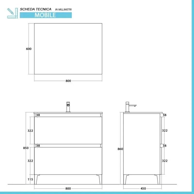 Mobile bagno a terra 80 cm rovere africa con cassetti soft-close Kleo