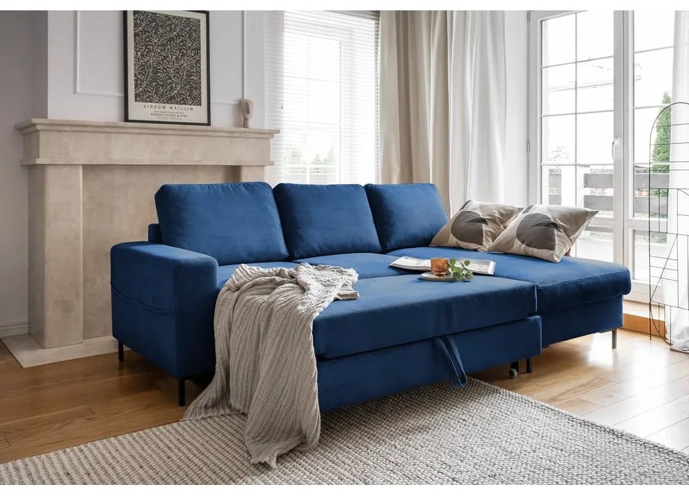 Divano letto angolare in velluto a coste blu scuro (angolo destro) Lofty Lilly - Miuform