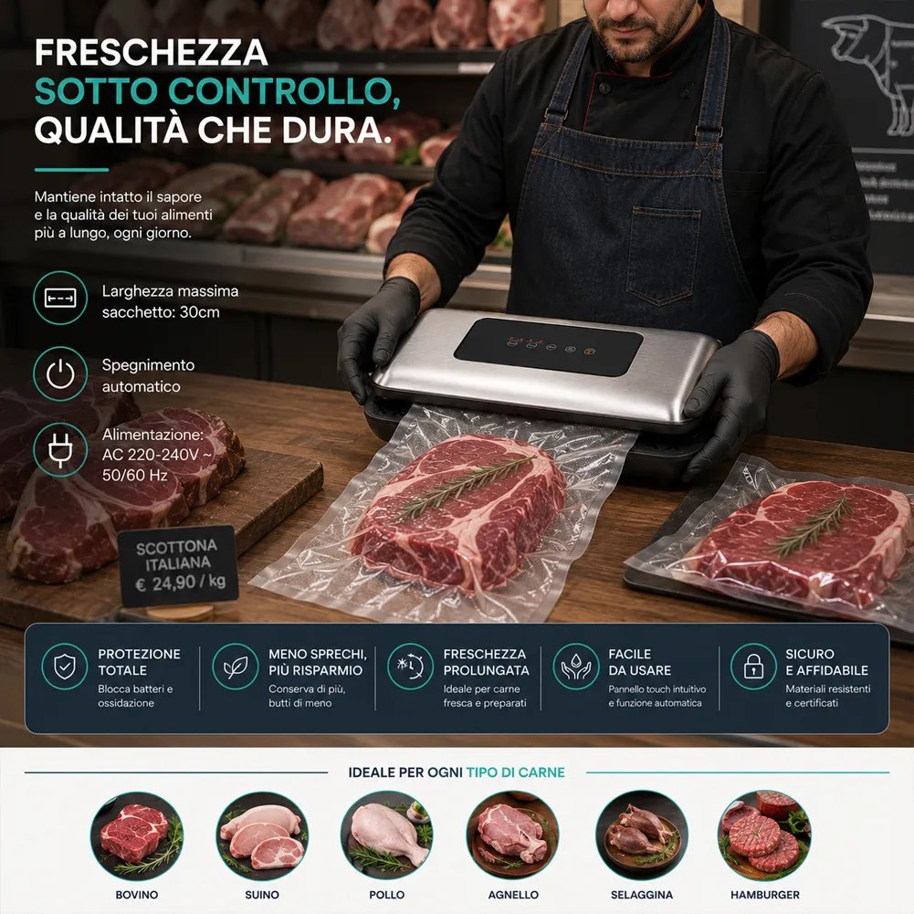 Macchina Sottovuoto e Sigilla 110W Forza Aspirante -600mBar per Alimenti...