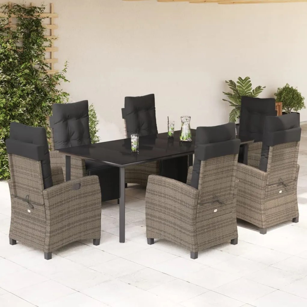 Set da pranzo da giardino 7 pz con cuscini in polyrattan grigio