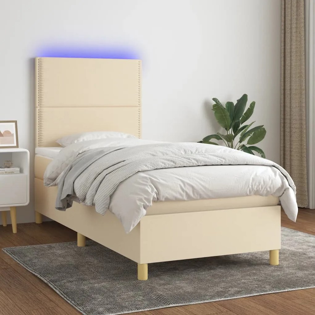 Letto a molle con materasso e led crema 90x190 cm in tessuto