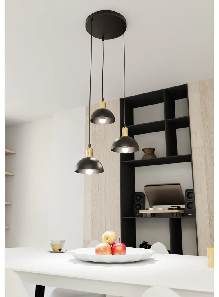Lampadario 3 Luci Idunn Base Tonda In Acciaio Nero E Oro Diffusori A Cupola