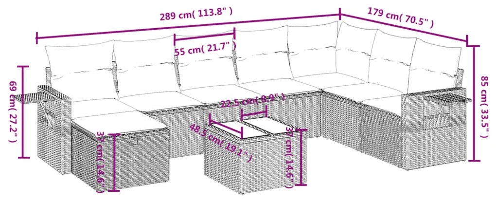 Set divano da giardino 9 pz con cuscini beige misto polyrattan