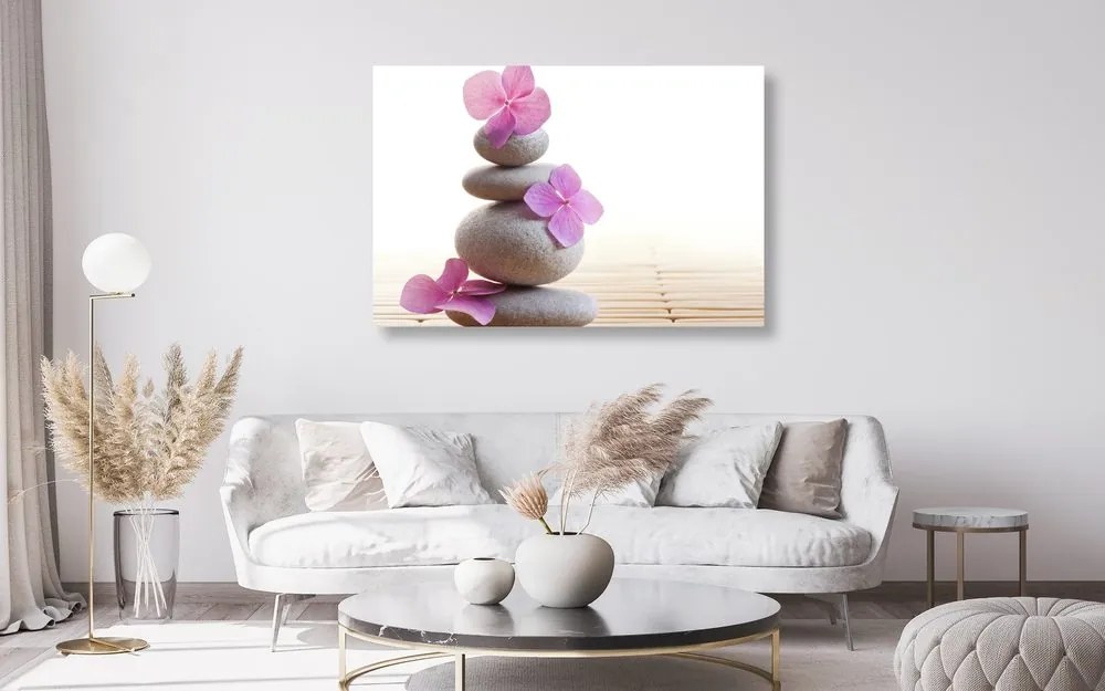 Quadro su tela – Equilibrio di pietre e fiori orientali rosa