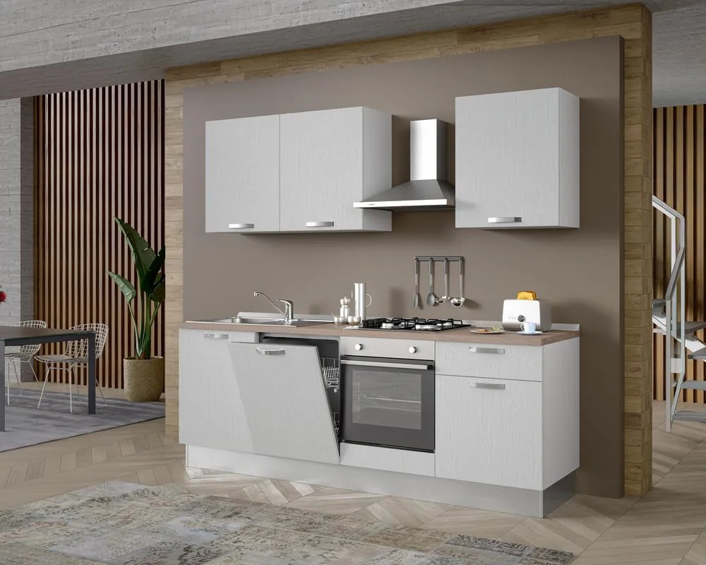 Cucina montata Dora bianco spatolato, lavello a sinistra, L 240 cm, completa di: cappa a camino, piano cottura a gas, forno e lavastoviglie