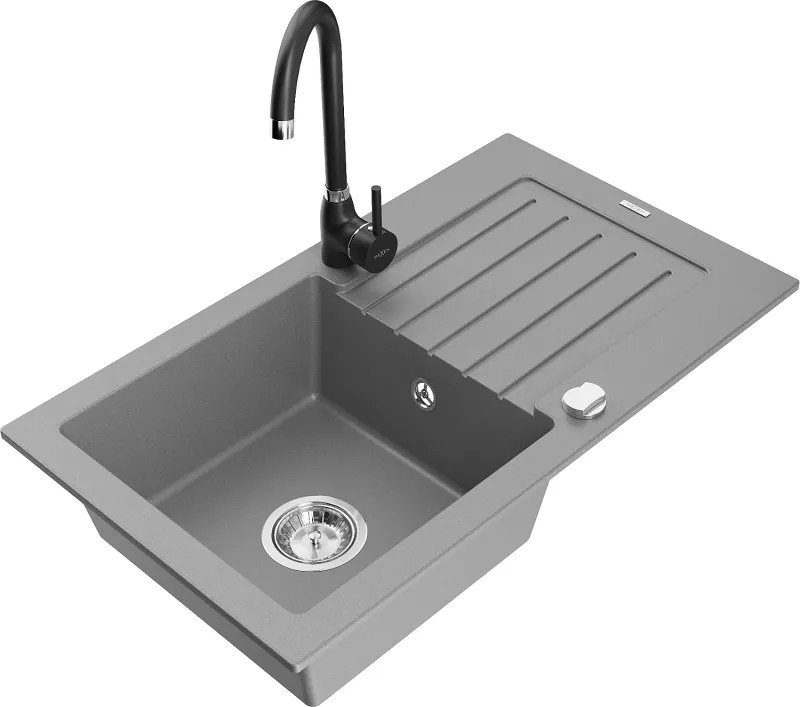 Mexen Pablo lavello in granito 1 vasca con sgocciolatoio e rubinetto da cucina Telma, grigio - 6510-71-670200-70