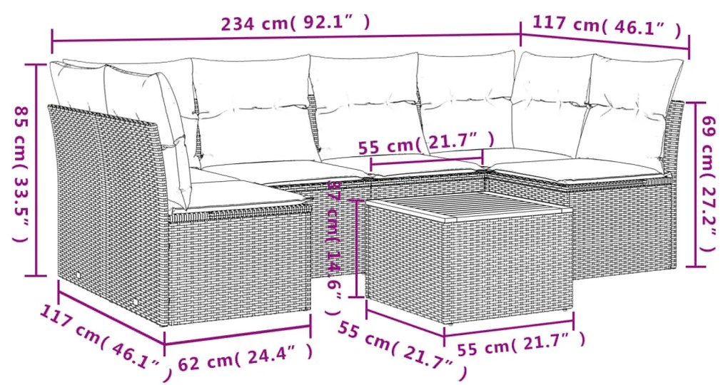 Set Divani da Giardino 7 pz con Cuscini Beige in Polyrattan