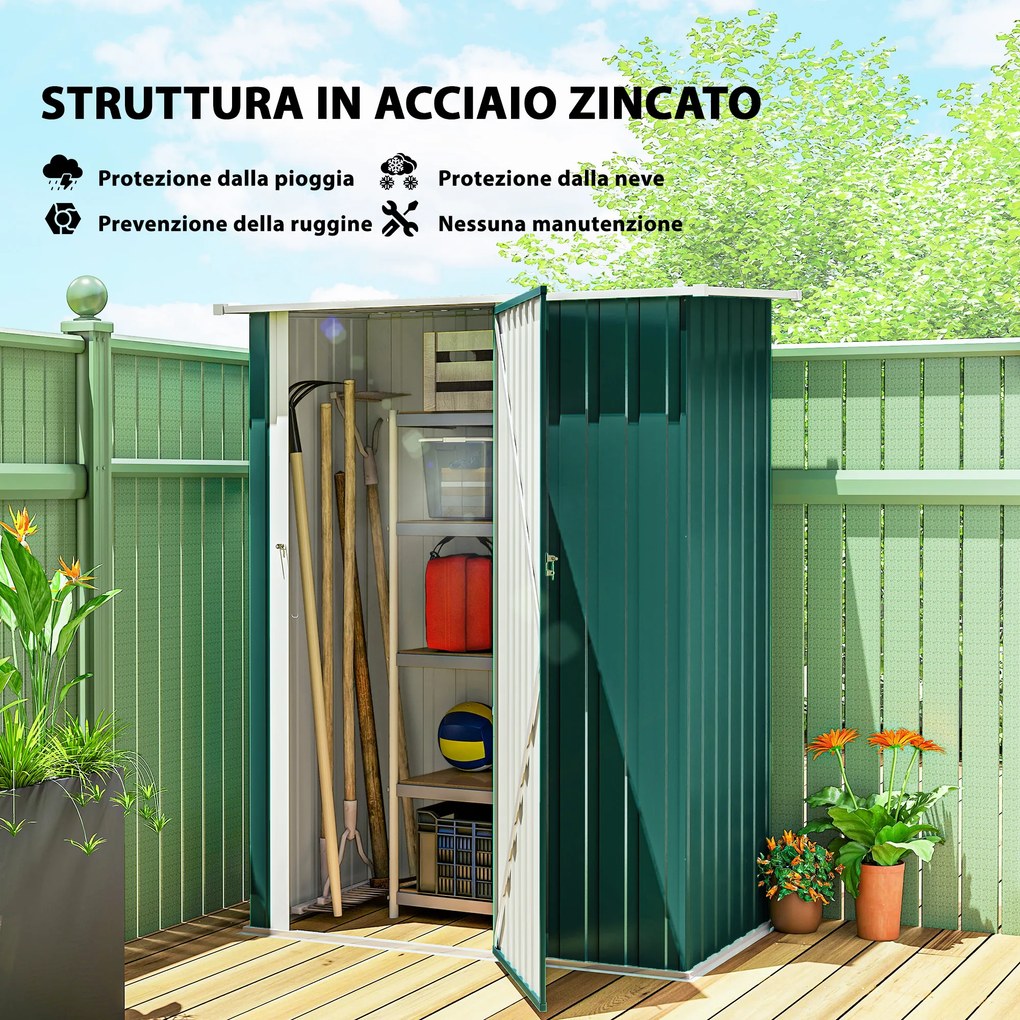 Capanno Porta Attrezzi 142x86x189 cm con Tetto Inclinato e Porta Bloccabile in Metallo Verde...