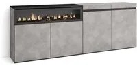 Credenza Mobile Cucina 200x75x35cm con 4 Porte con Camino elettrico, Stile moderno, Cemento