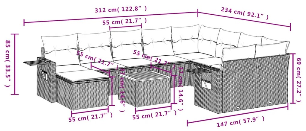 Set Divani da Giardino 11 pz con Cuscini in Polyrattan Nero