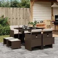 Set da Pranzo da Giardino 9pz con Cuscini Marrone in Polyrattan 3210597