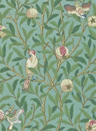 Morris & Co Carta da parati Bird & Pomegranate - Turquoise/ Coral