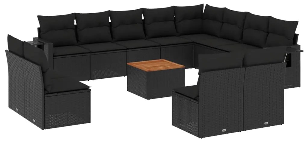 Set divani da giardino 13pz con cuscini nero in polyrattan