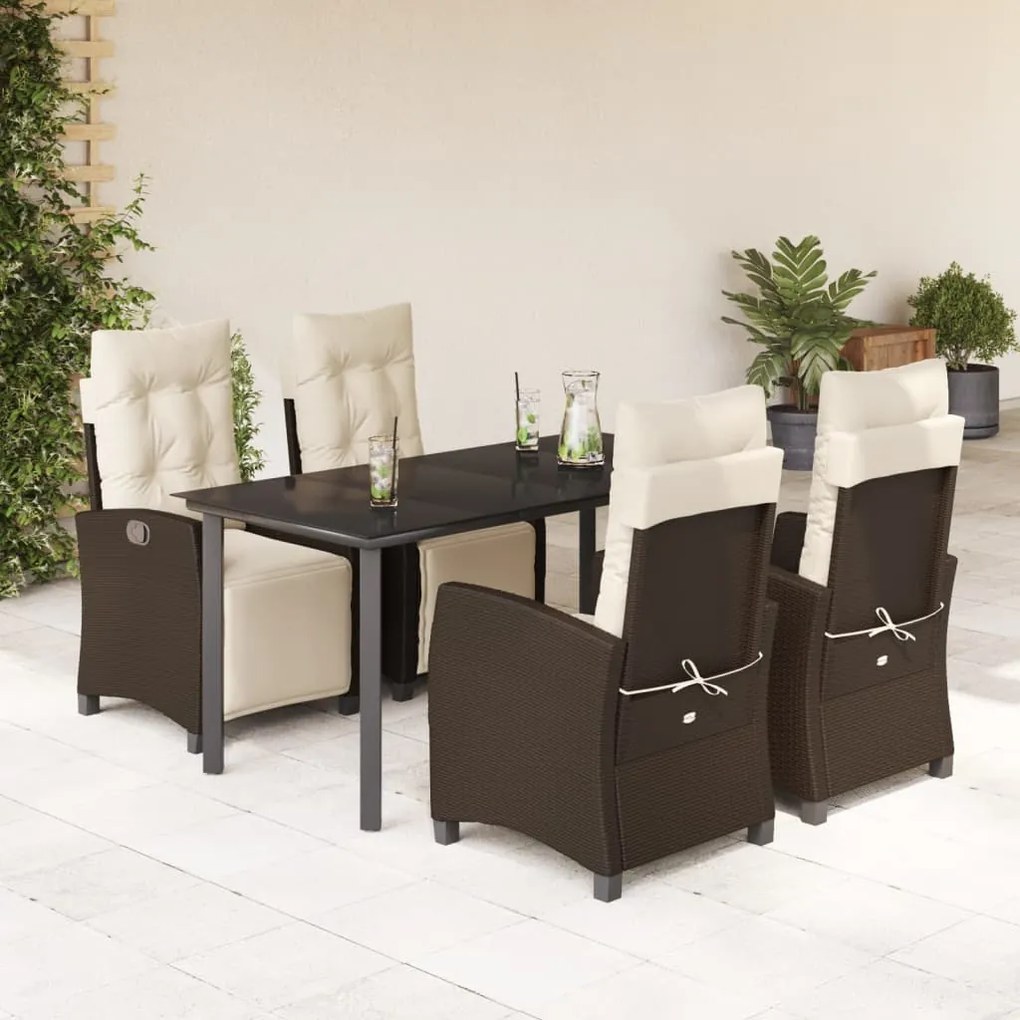 Set da pranzo da giardino 5pz con cuscini in polyrattan marrone