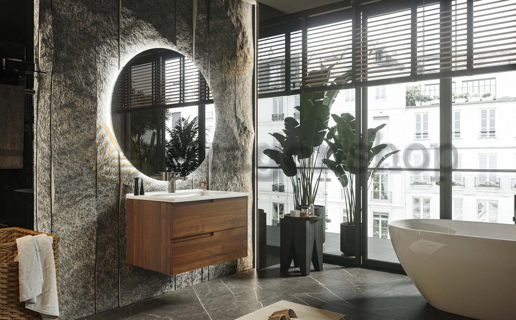 Mobile bagno noce 70x46 Sorrento due cassetti con maniglia sinistra e lavabo in ceramica