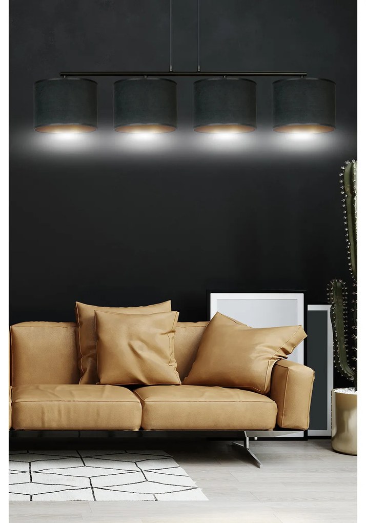 Lampadario 4 Luci Ganesha In Acciaio Nero E Paralumi In Tessuto Nero