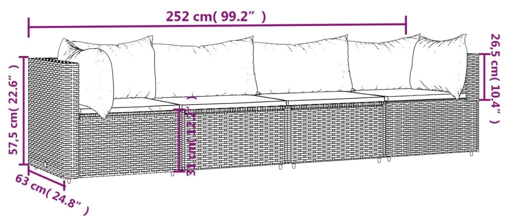 Set Divani da Giardino 4 pz con Cuscini in Polyrattan Grigio