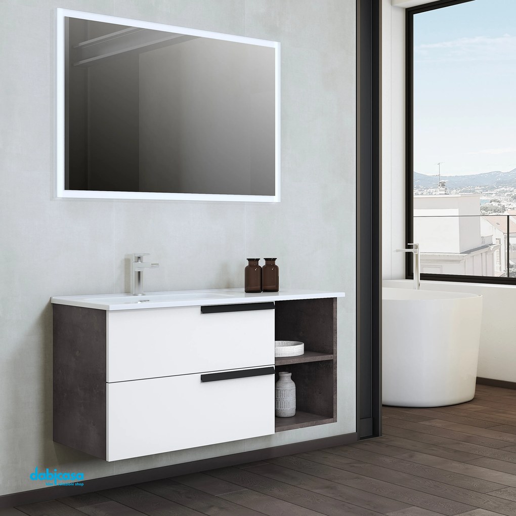 Mobile Bagno Sospeso "Delia 3" Da 100 cm Con Due Cassetti E Vano a Giorno Lavabo E Specchio C/Led Perimetrale