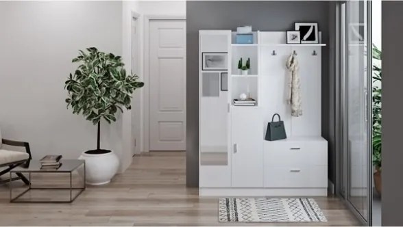 Mobile Ingresso Con Scarpiera Appendiabiti E Specchio 140x37x182 Bianco Wisdom