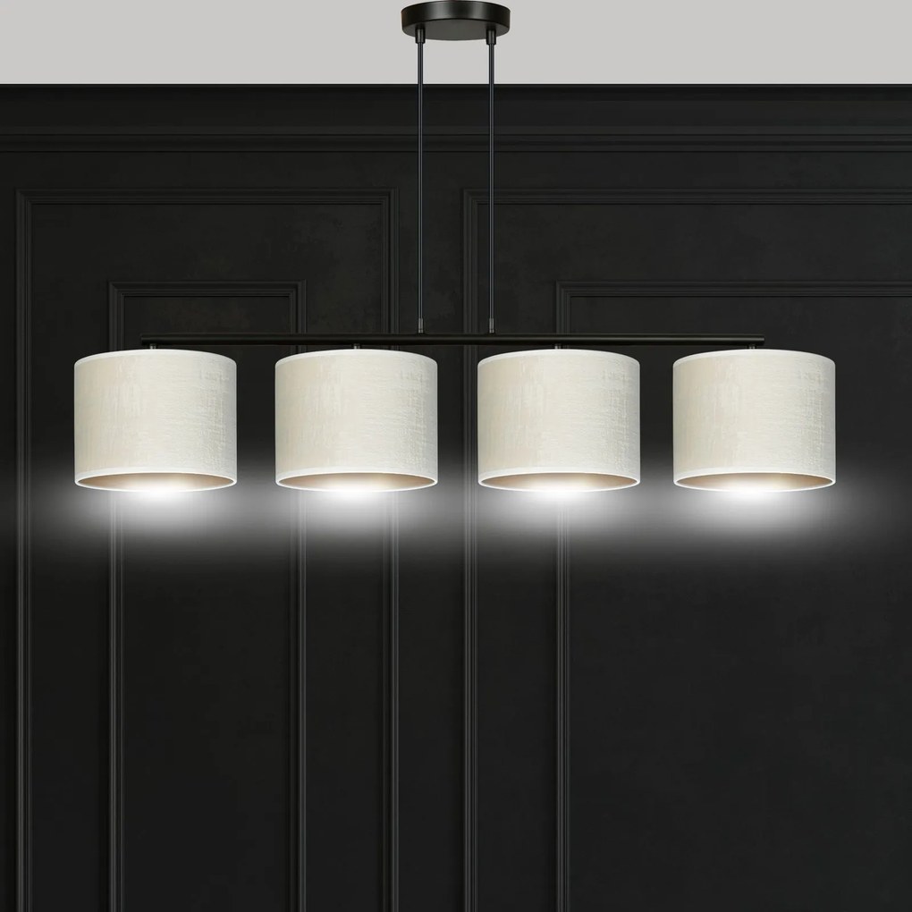 Lampadario 4 Luci Hilde In Acciaio Nero E Paralumi In Tessuto Beige