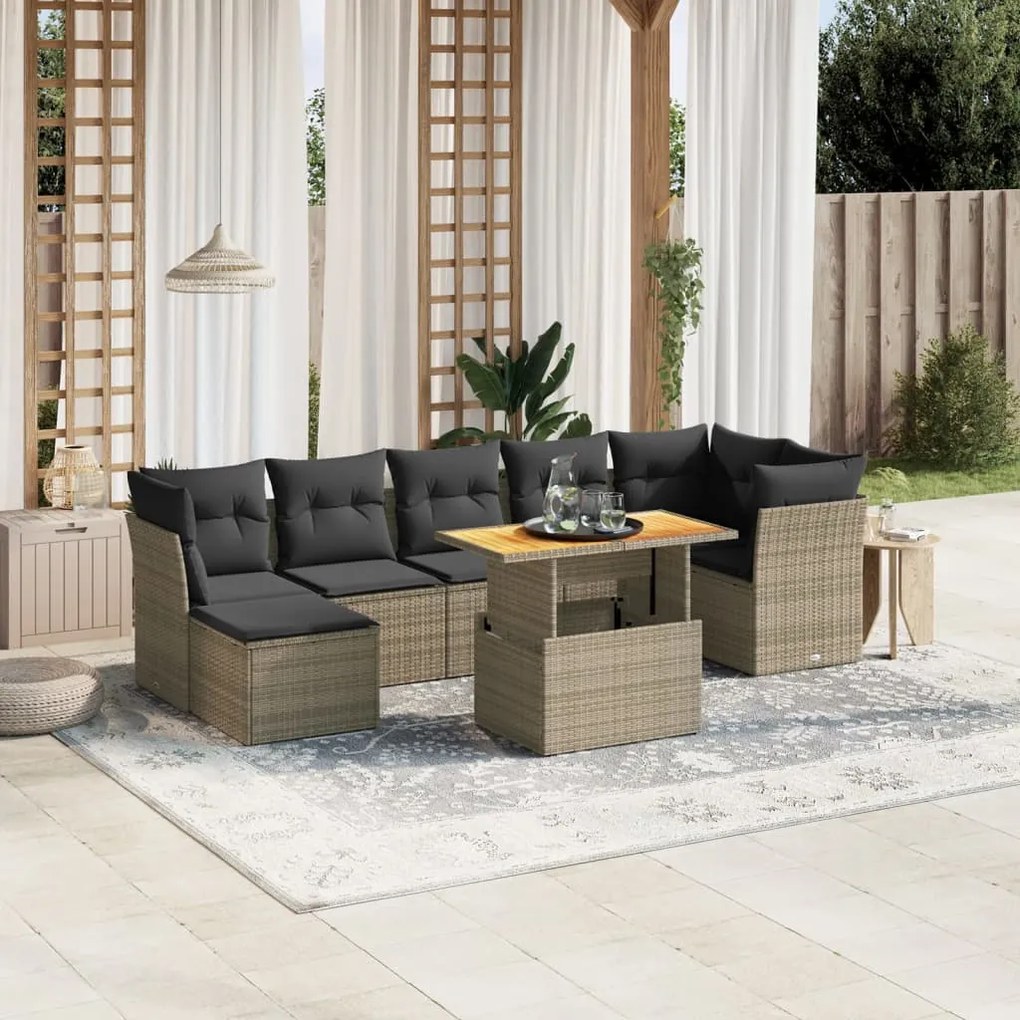 Set divano da giardino 8 pz con cuscini grigio in polyrattan