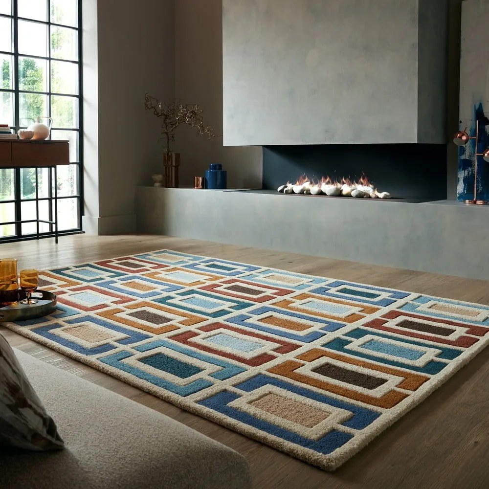 Tappeto in lana blu-arancio tessuto a mano 120x170 cm Retro Blocks - Flair Rugs