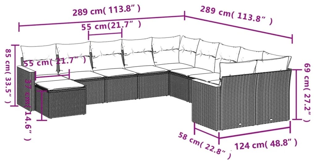 Set divani da giardino 11 pz con cuscini in polyrattan nero